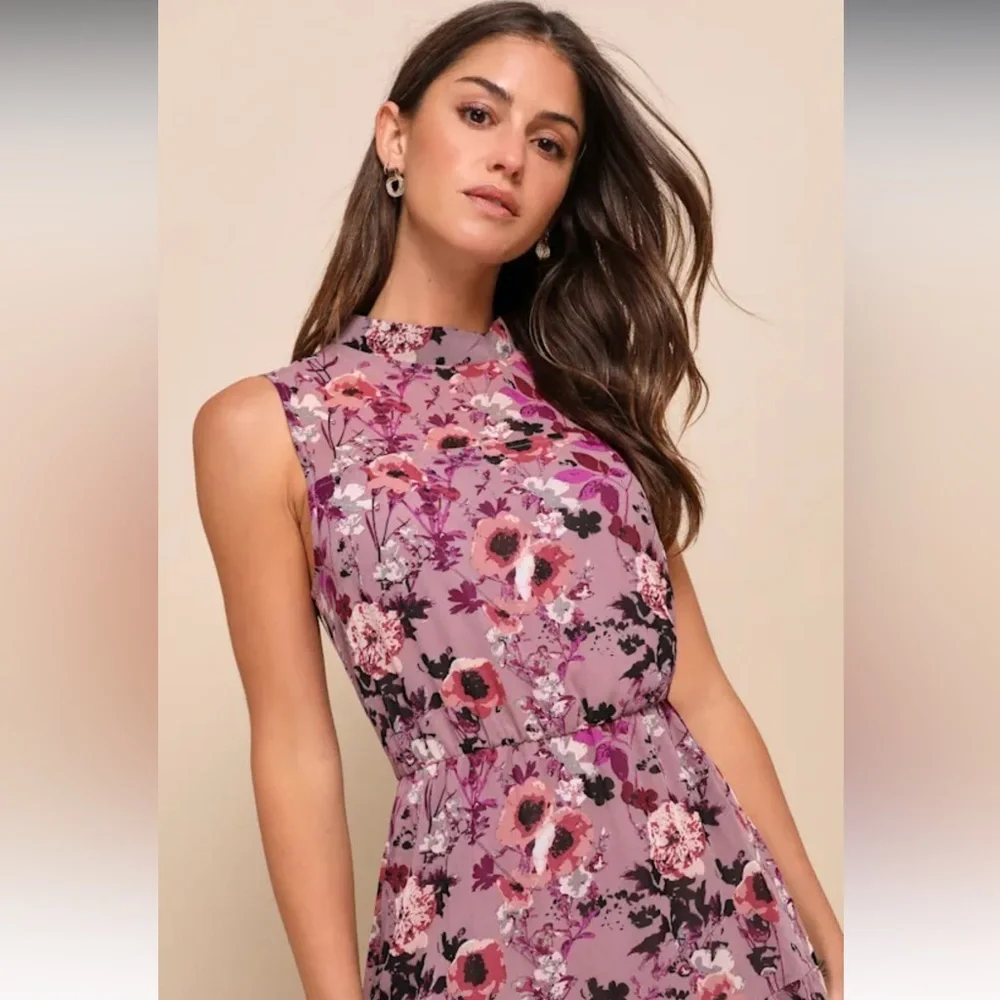 Lulus In My Dreams Mauve Floral Print Midi Dress High Neck A Line Size XS - Picture 4 of 6